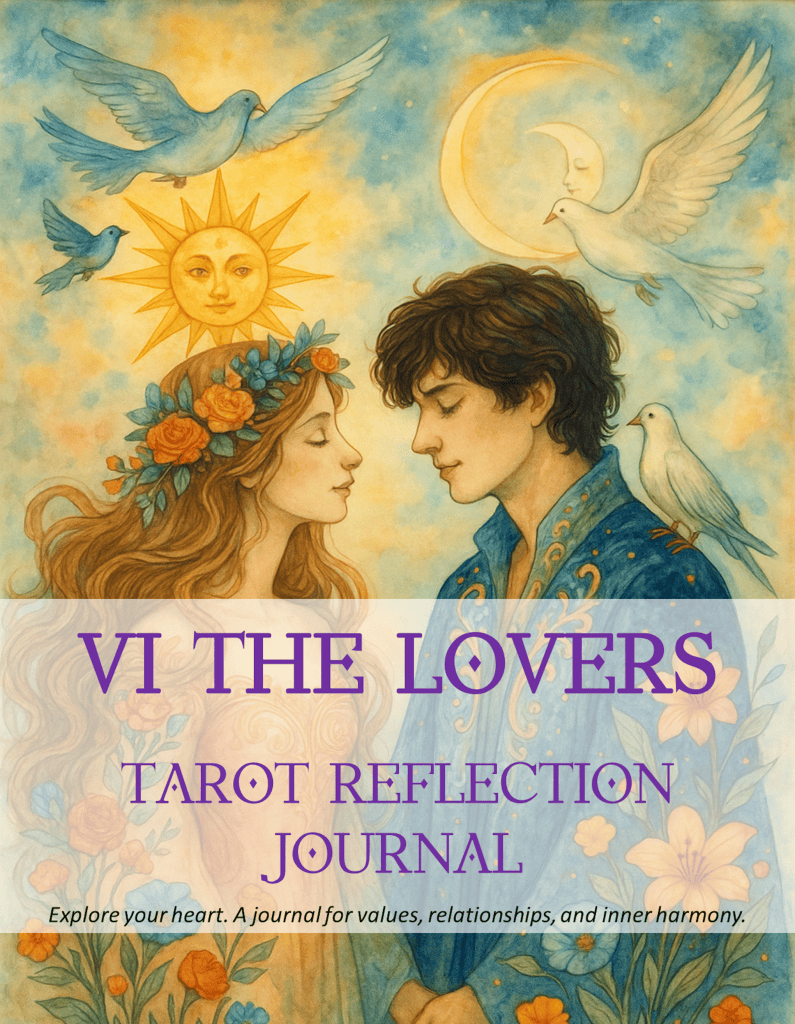 Illustration of The Lovers Tarot card featuring a couple facing each other with a sun and moon in the background, symbolizing love and harmony.