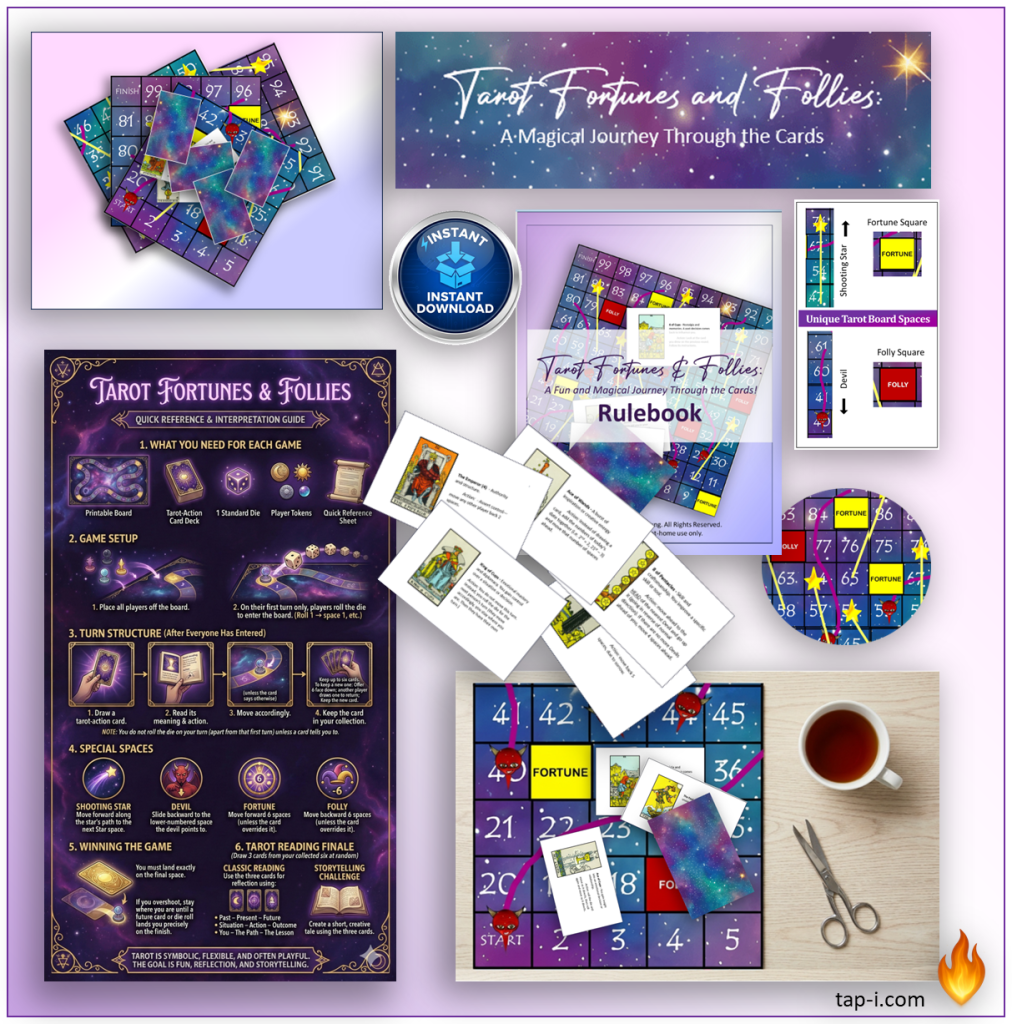 Colorful layout featuring the game 'Tarot Fortunes and Follies' with tarot-themed cards, dice, and a rulebook, all arranged on a tabletop. Includes game board with unique tarot spaces.