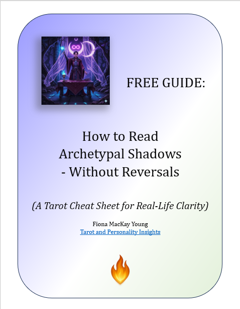 A promotional image for a tarot guide titled 'How to Read Archetypal Shadows - Without Reversals', featuring a mystical illustration and a flame icon at the bottom.