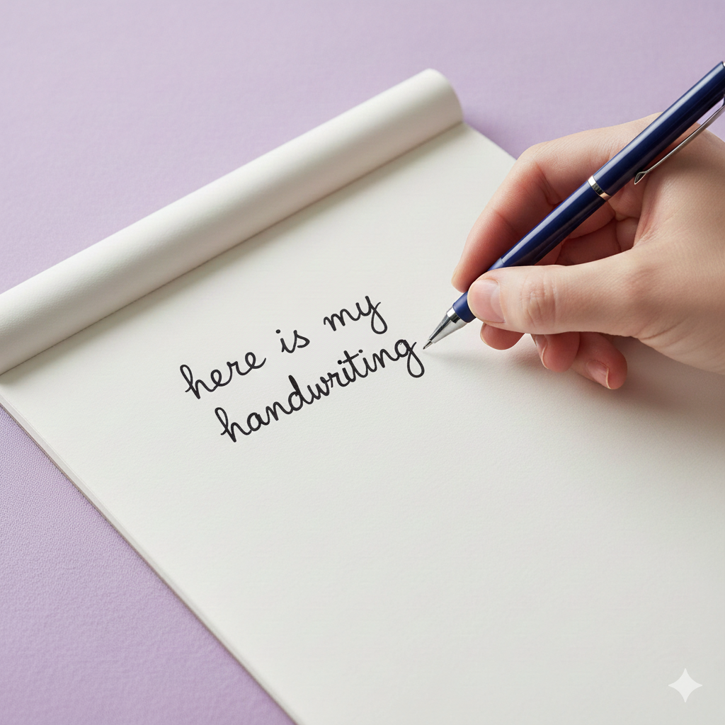 A close-up of a hand writing 'here is my handwriting' on a blank page with a pen, resting on a lilac background.