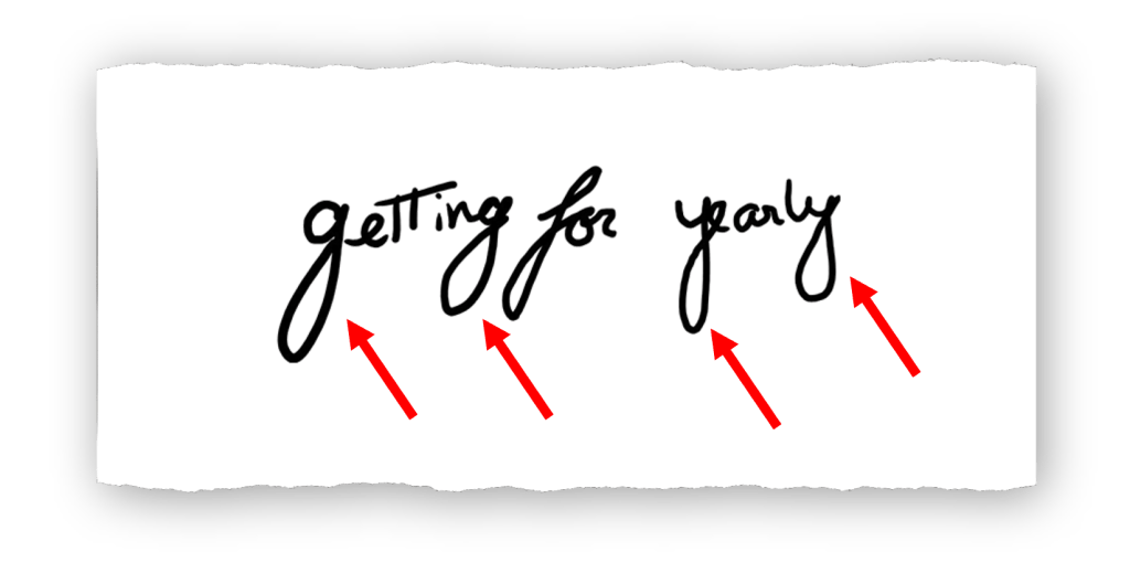 An illustration showing the cursive words 'getting for yearly' with red arrows pointing to specific handwriting traits.