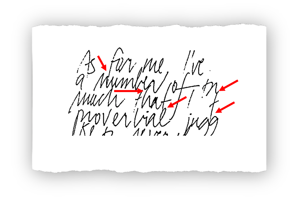 An illustration of a handwritten note with various traits highlighted to indicate handwriting characteristics, featuring arrows pointing to specific letter formations.