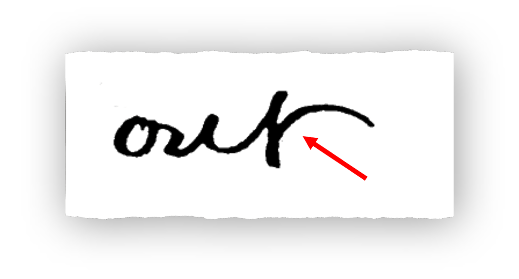An illustration of the word 'out' written in cursive, showing specific handwriting traits with an arrow pointing to a distinctive feature.