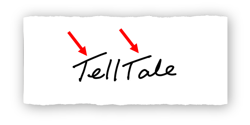 An illustration of the word 'TellTale' written in cursive handwriting, with two arrows pointing at specific traits in the letters.