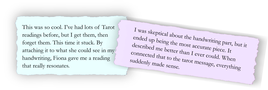 Two handwritten testimonials on colorful backgrounds discussing the impact of a Tarot and handwriting reading. The left note expresses that the reading resonated deeply, while the right note describes how the handwriting analysis connected effectively with the tarot message.