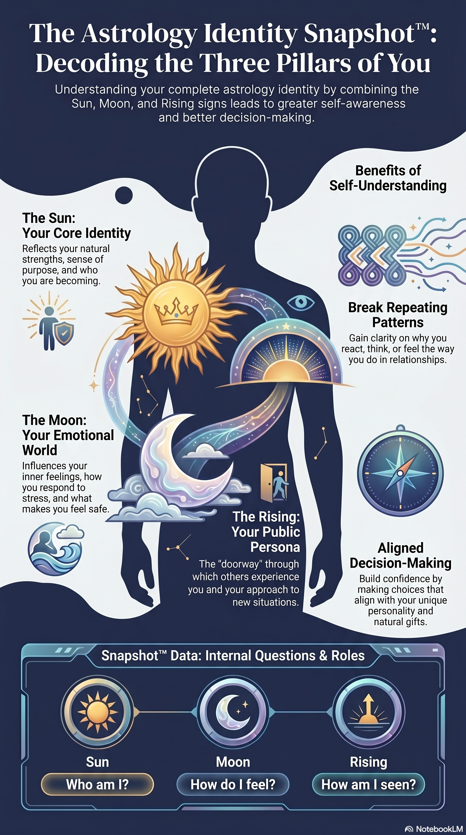 Decoding the Three Astrology Pillars: Sun, Moon and Rising Signs Infographic showing how the Sun, Moon, and Rising signs combine to shape identity, emotions, public persona, self-awareness, and decision-making.